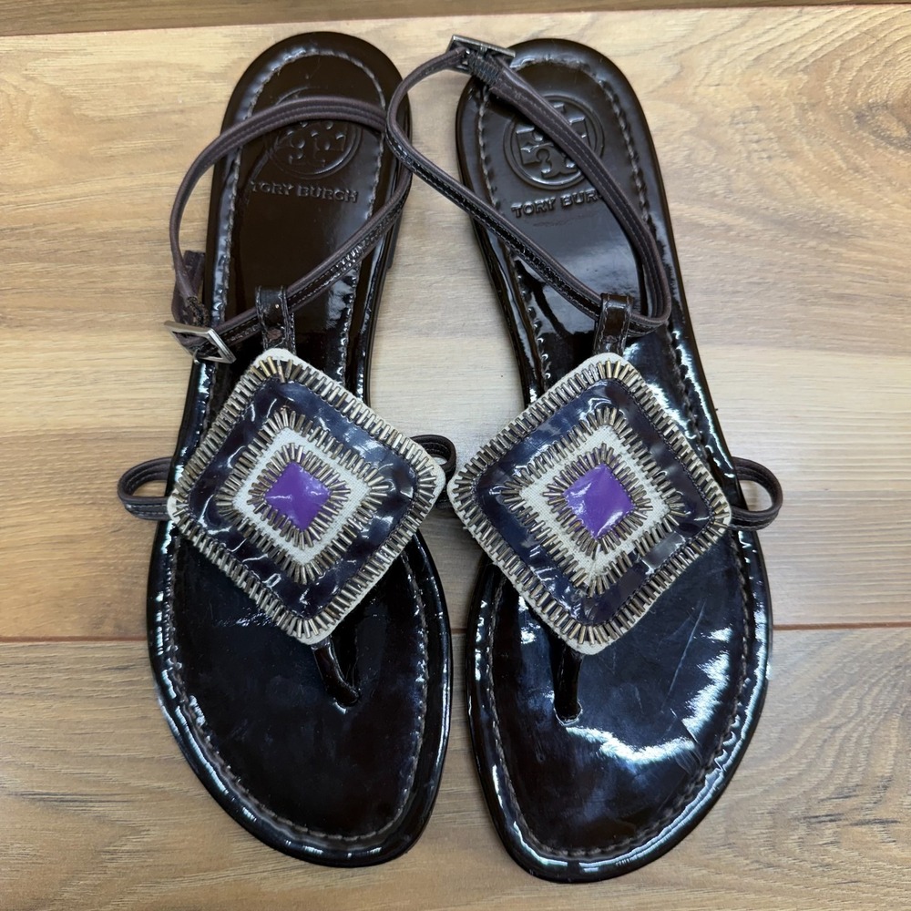 Tory‎ Burch Beaded Sandals Womens 8.5 M Deep Purple Patent Leather Ankle Strap
